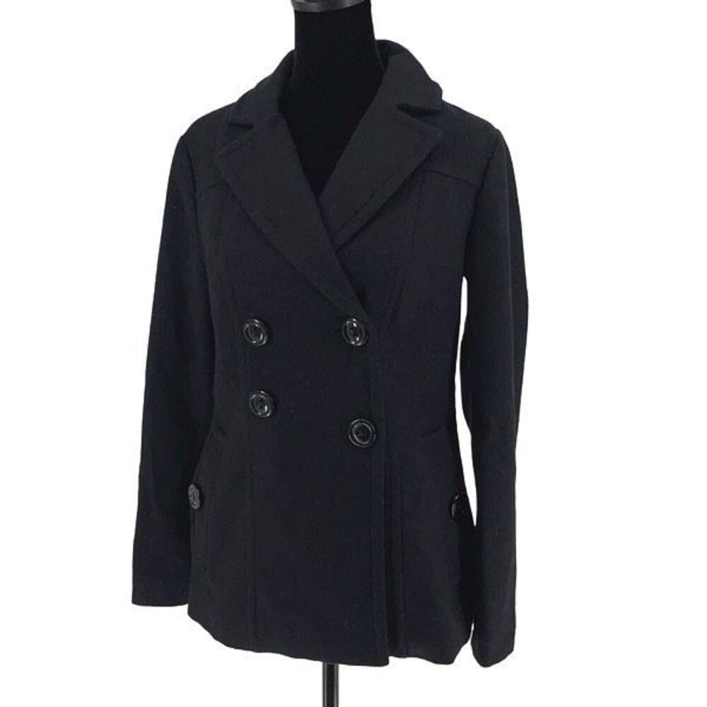 Banana Republic Womens Double Breasted Notch Collar Wool Blend Peacoat Black XS